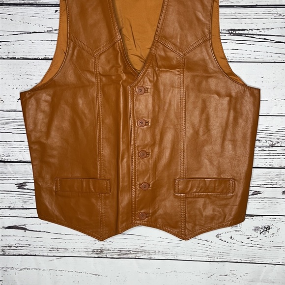 VTG 1970s Gap Size XL Caramel Brown Cowhide Nappa Button Front Vest Jacket - Picture 3 of 6